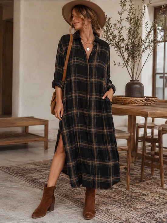 cloth & stone Dresses & Skirts - Cloth & Stone Plaid Midi Shirt Dress Black Tan Oversized Boho Minimalist Small